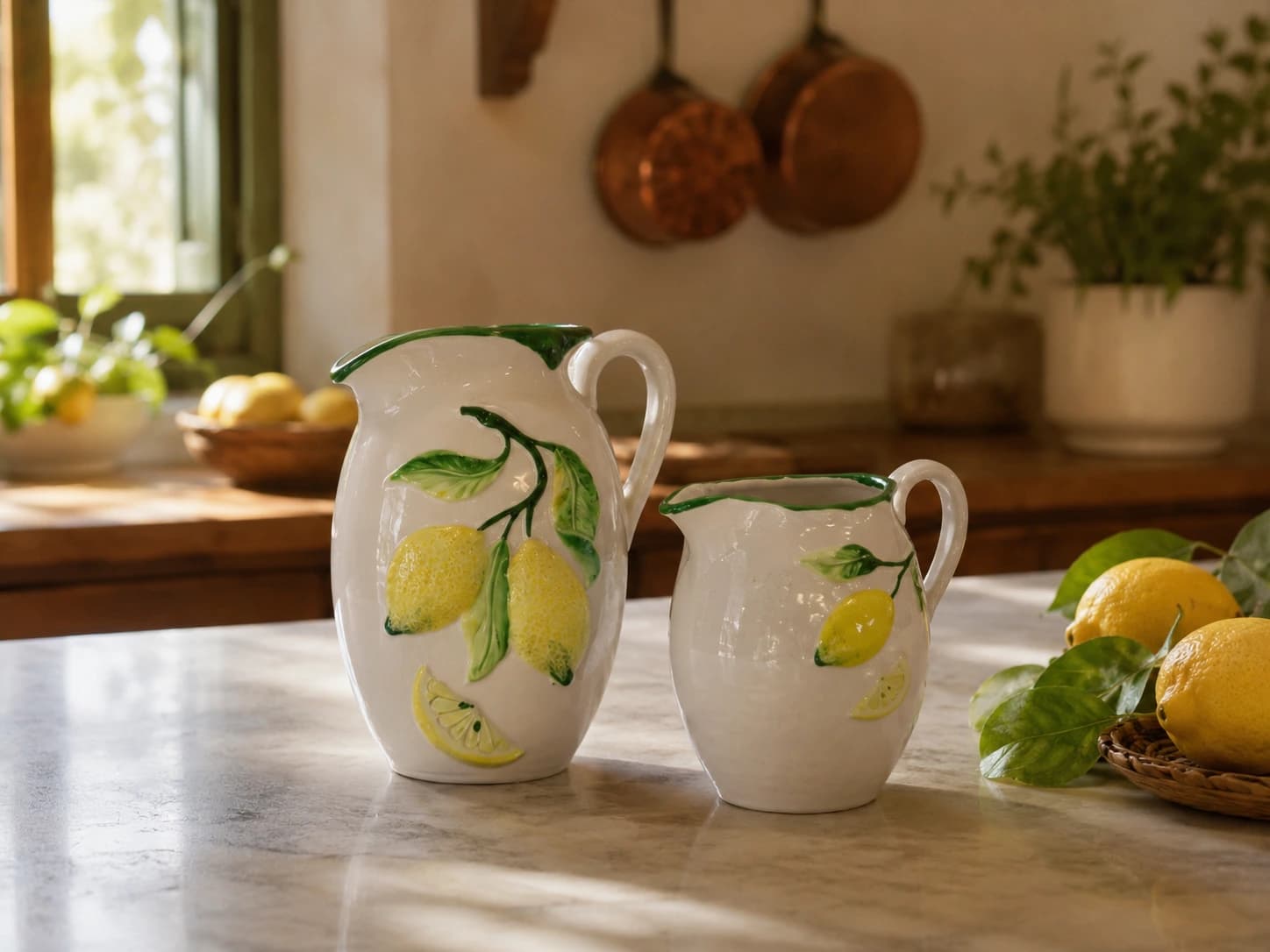Caraffe e accessori in ceramica con decoro limoni